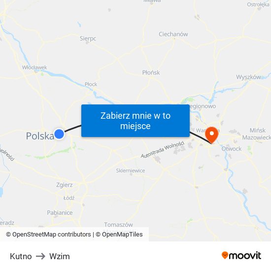 Kutno to Wzim map