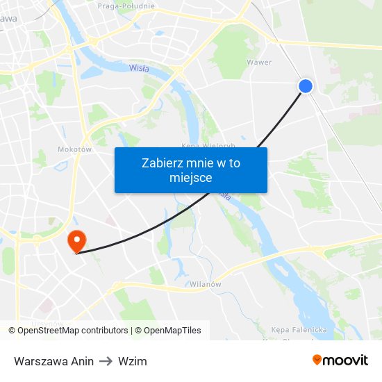 Warszawa Anin to Wzim map