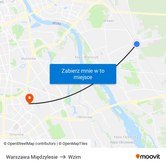 Warszawa Międzylesie to Wzim map