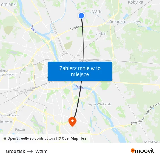 Grodzisk to Wzim map