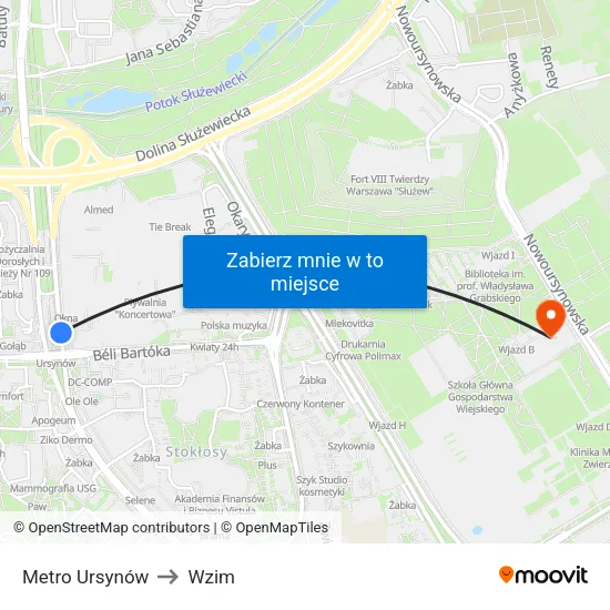 Metro Ursynów to Wzim map