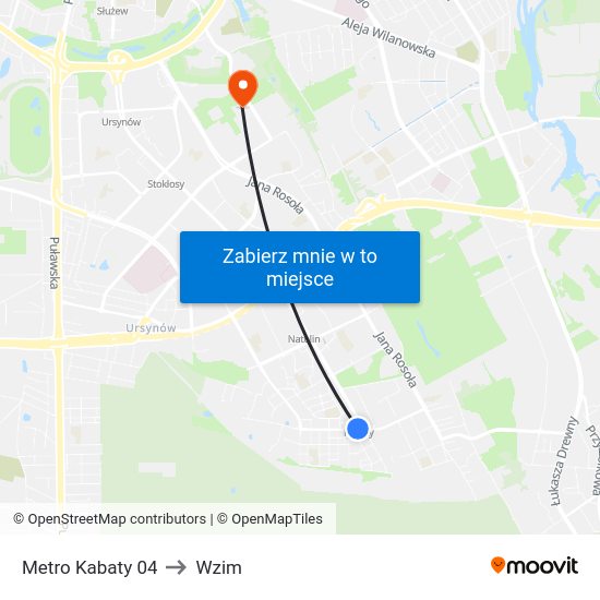 Metro Kabaty to Wzim map