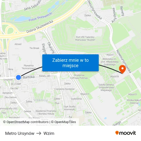 Metro Ursynów to Wzim map