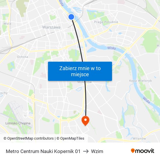 Metro Centrum Nauki Kopernik to Wzim map