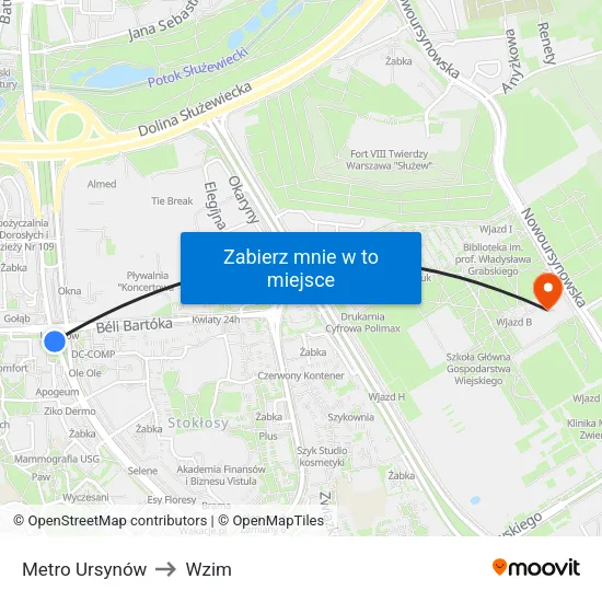 Metro Ursynów to Wzim map