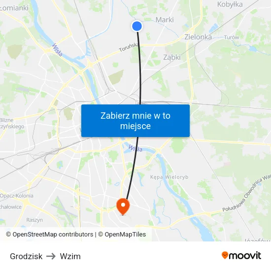 Grodzisk to Wzim map