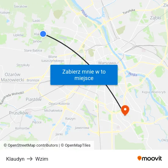 Klaudyn to Wzim map