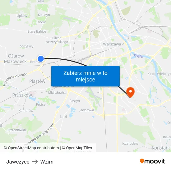 Jawczyce to Wzim map