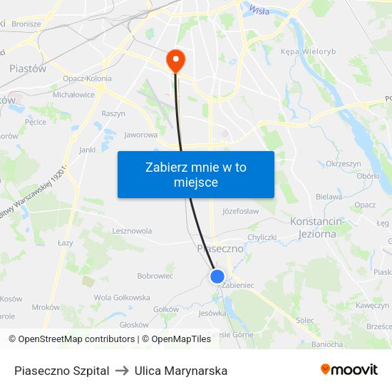 Piaseczno Szpital to Ulica Marynarska map