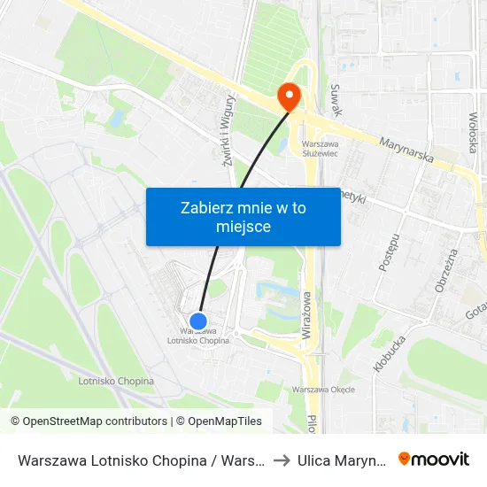 Warszawa Lotnisko Chopina / Warsaw Airport to Ulica Marynarska map