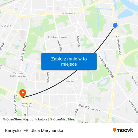 Bartycka to Ulica Marynarska map