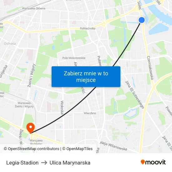 Legia - Stadion to Ulica Marynarska map