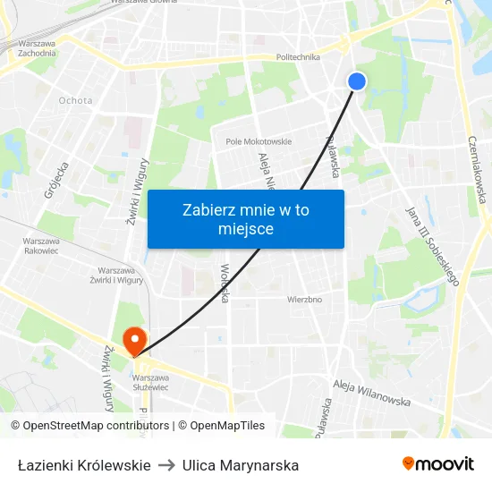 Łazienki Królewskie to Ulica Marynarska map