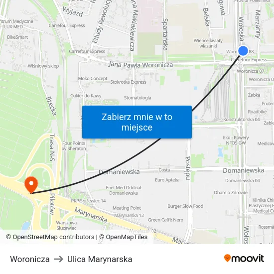 Woronicza to Ulica Marynarska map