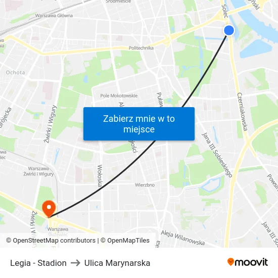 Legia - Stadion to Ulica Marynarska map