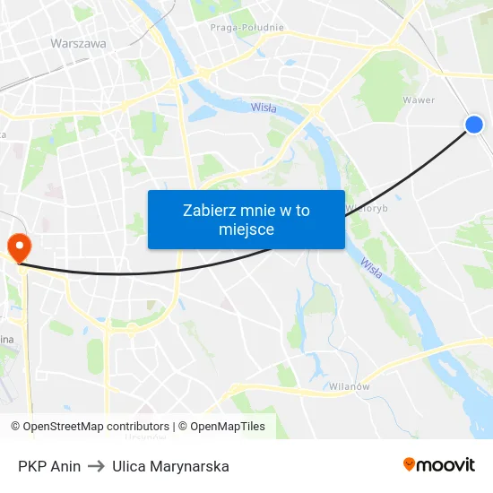PKP Anin to Ulica Marynarska map