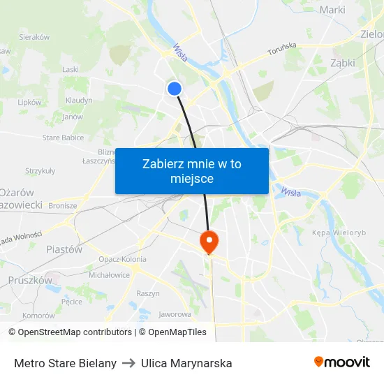 Metro Stare Bielany to Ulica Marynarska map