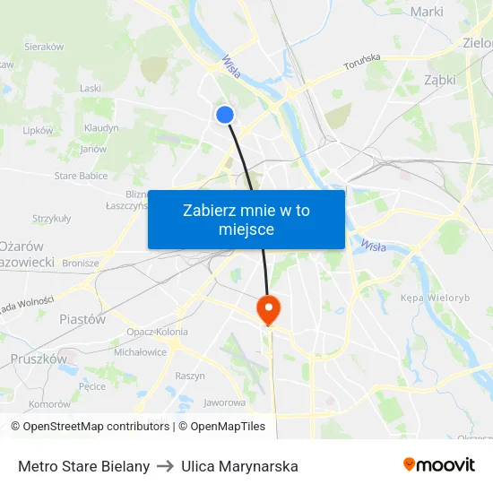 Metro Stare Bielany to Ulica Marynarska map