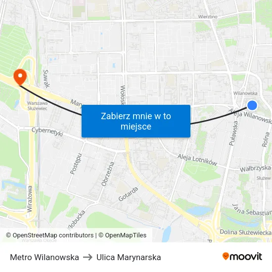 Metro Wilanowska to Ulica Marynarska map