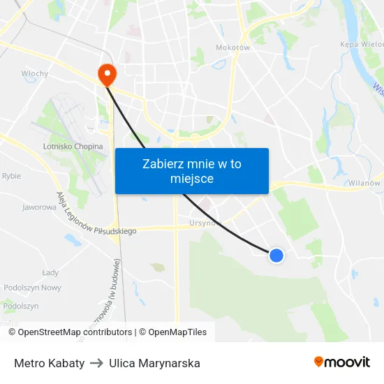 Metro Kabaty to Ulica Marynarska map