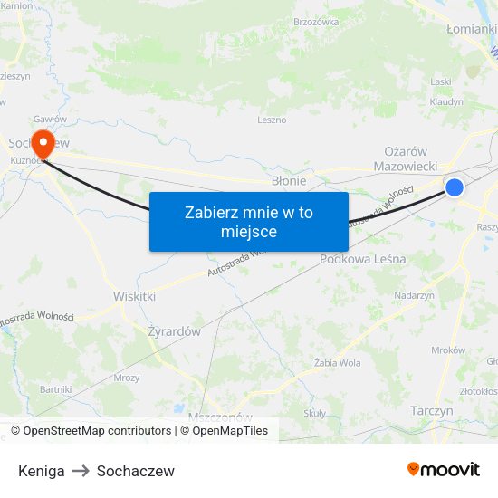 Keniga to Sochaczew map