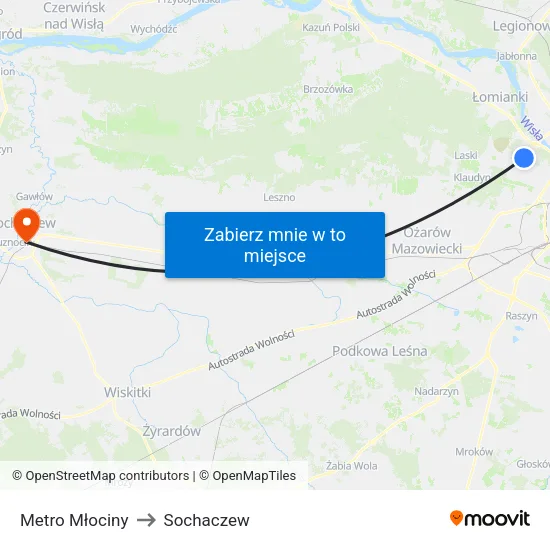 Metro Młociny to Sochaczew map