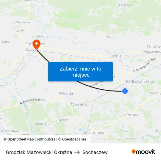 Grodzisk Mazowiecki Okrężna to Sochaczew map