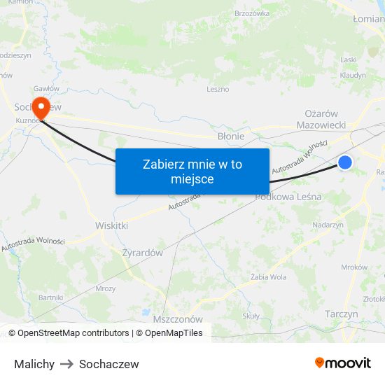 Malichy to Sochaczew map