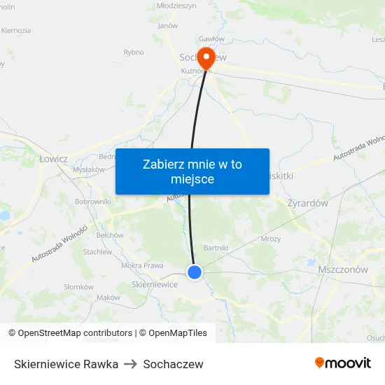 Skierniewice Rawka to Sochaczew map
