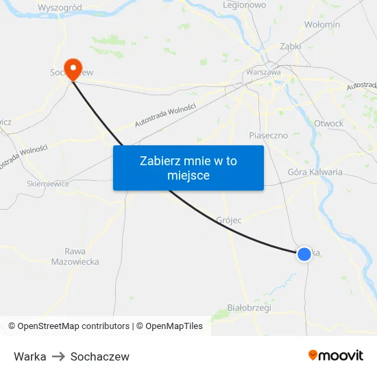 Warka to Sochaczew map