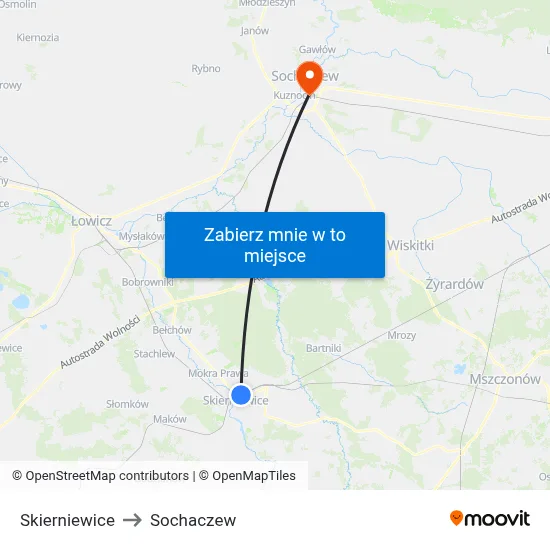 Skierniewice to Sochaczew map