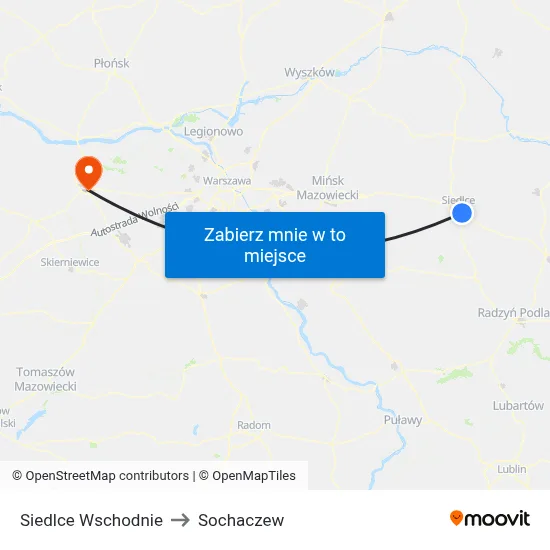 Siedlce Wschodnie to Sochaczew map