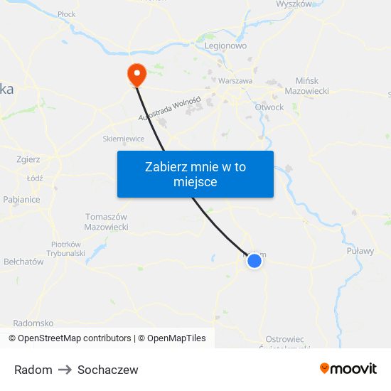 Radom to Sochaczew map