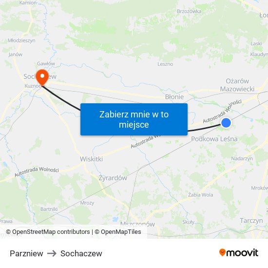 Parzniew to Sochaczew map