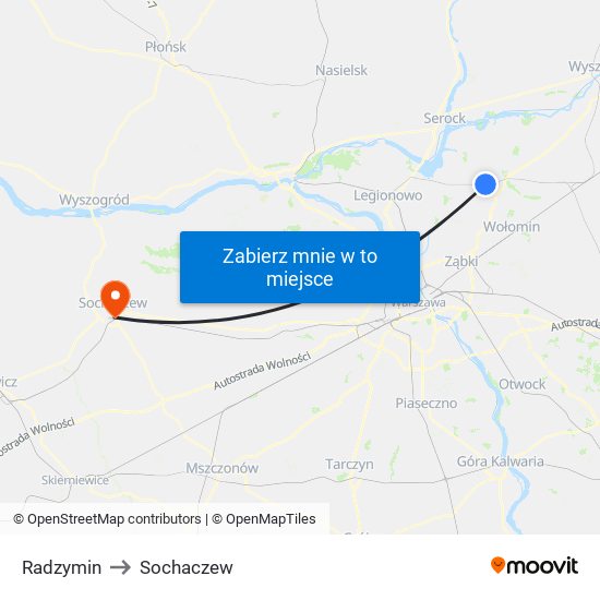 Radzymin to Sochaczew map