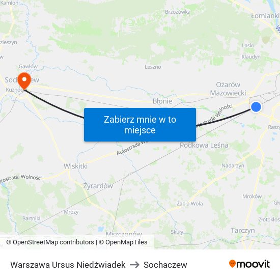 Warszawa Ursus Niedźwiadek to Sochaczew map