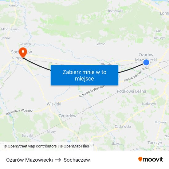 Ożarów Mazowiecki to Sochaczew map