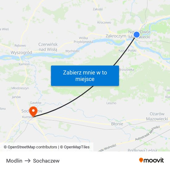 Modlin to Sochaczew map