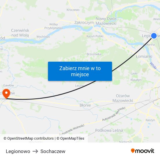 Legionowo to Sochaczew map