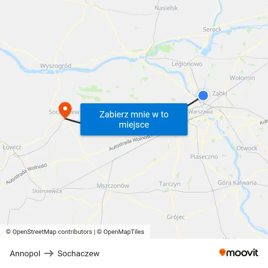 Annopol to Sochaczew map