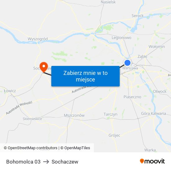 Bohomolca to Sochaczew map