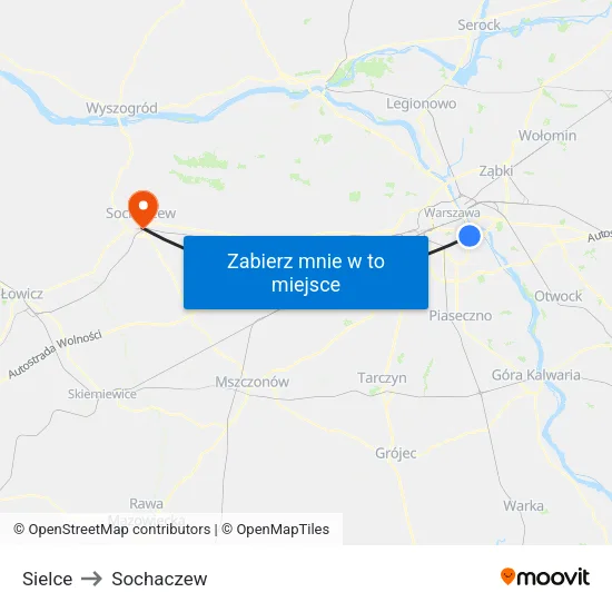 Sielce to Sochaczew map