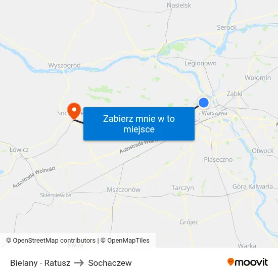 Bielany - Ratusz to Sochaczew map