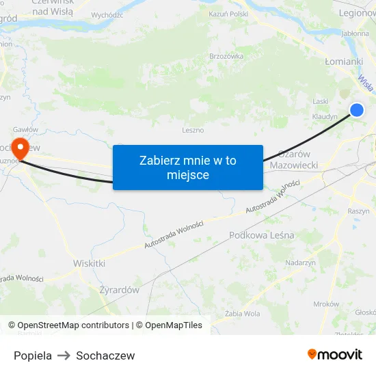 Popiela to Sochaczew map