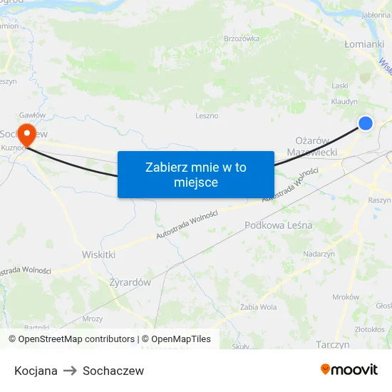 Kocjana to Sochaczew map