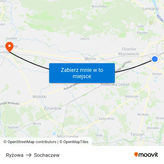 Ryżowa to Sochaczew map