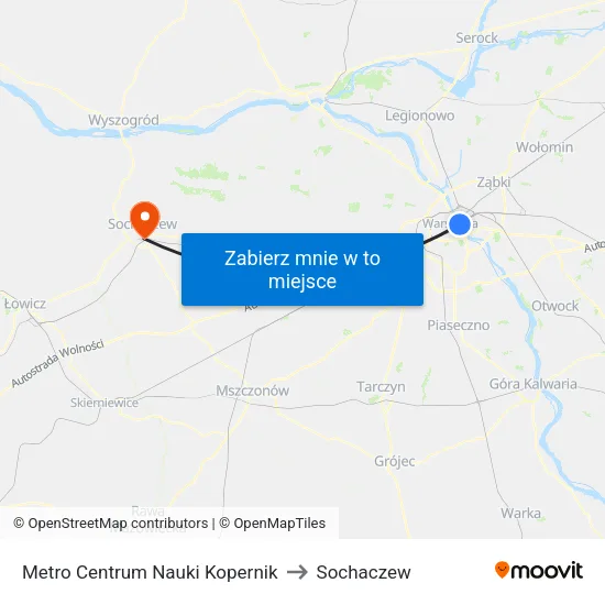 Metro Centrum Nauki Kopernik to Sochaczew map