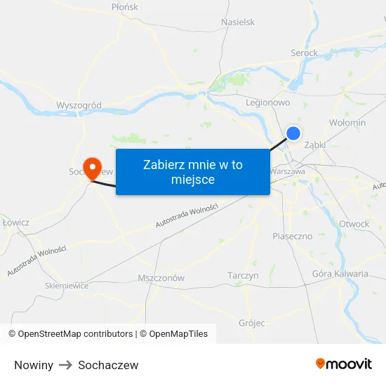 Nowiny to Sochaczew map