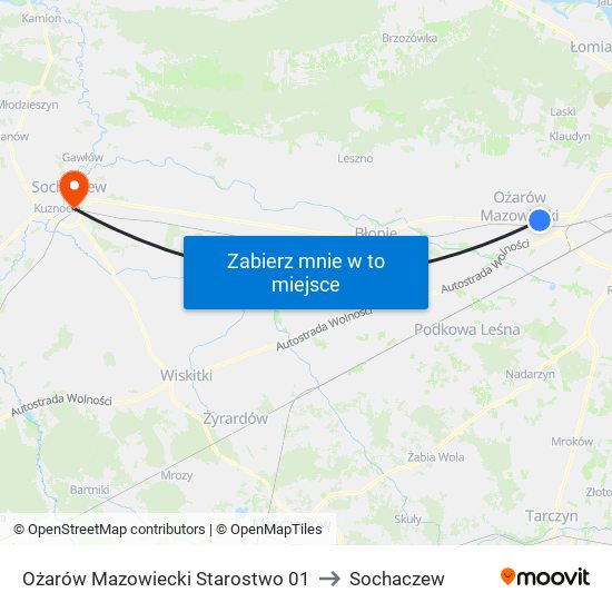 Ożarów Mazowiecki Starostwo to Sochaczew map