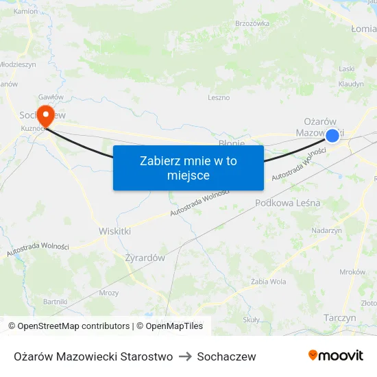 Ożarów Mazowiecki Starostwo to Sochaczew map